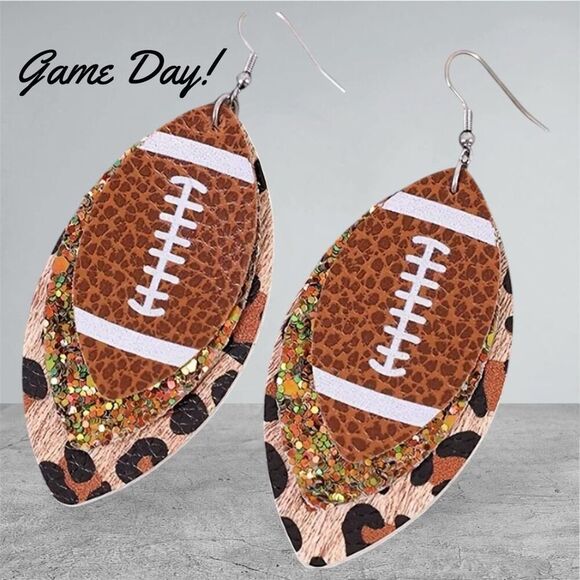 NWT 3 Layered Leather Glitter Leopard Football Print Dangle Earrings - Picture 6 of 6